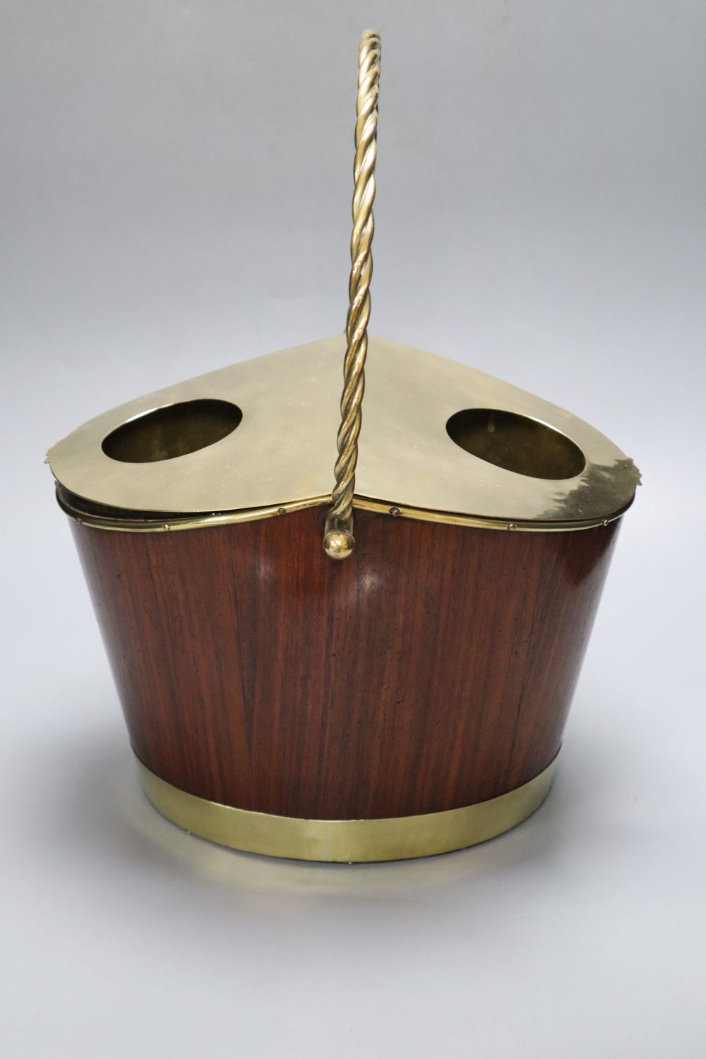 A 19th century padouk and brass two bottle wine cooler bucket, overall height 44cm